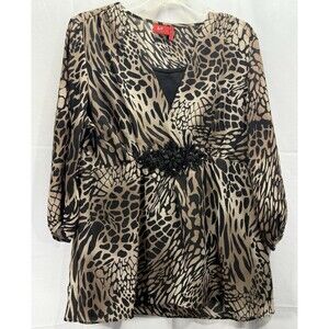 Tape Measure Brand Brown Black Print Chiffon Sequin Blouse Size Med